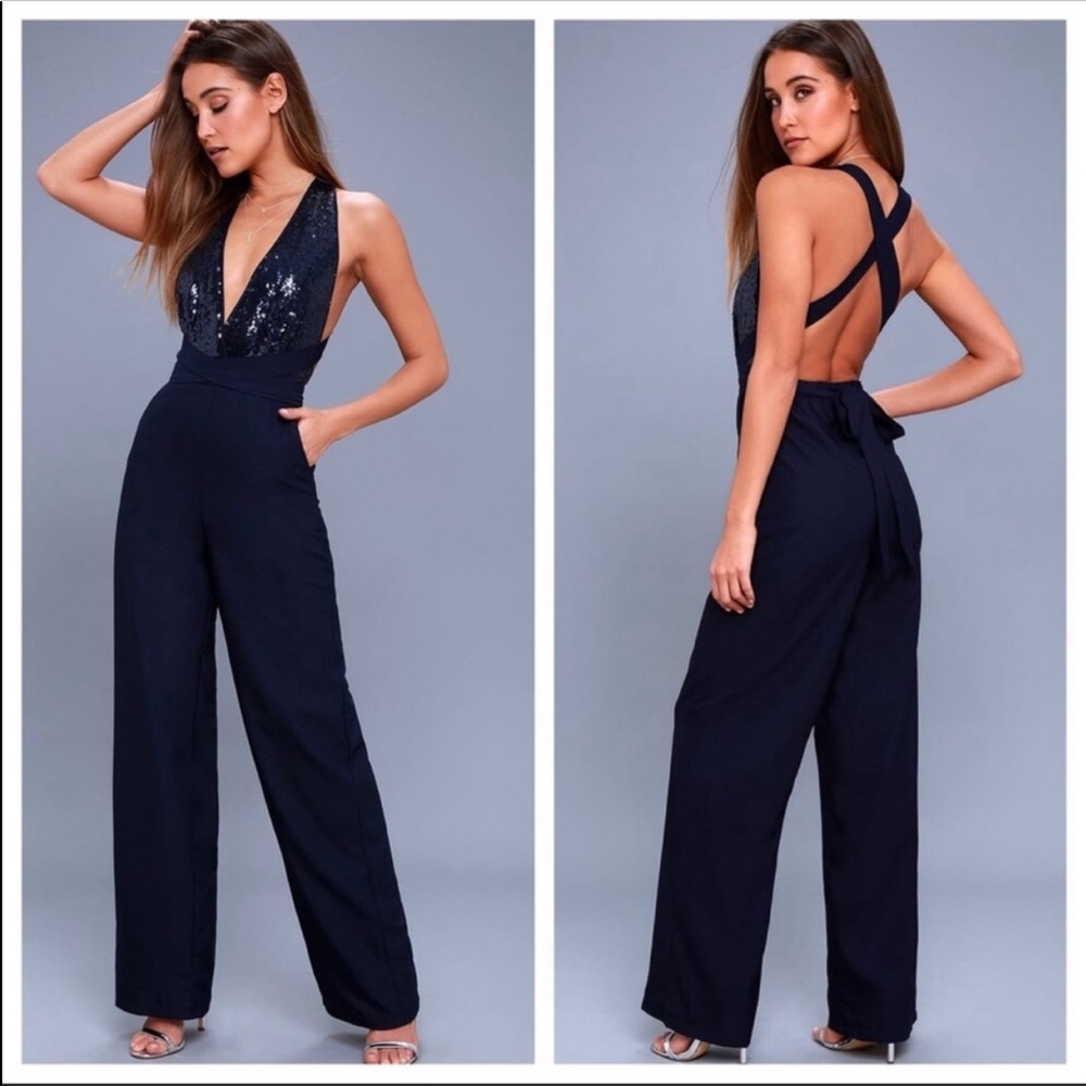 Lulu’s  Navy Blue Open Back Sequin Jumpsuit NEW S